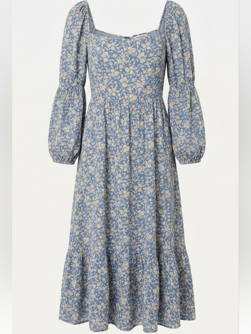 Reformation Blue Floral Mica Midi Dress Square Neck Long Puff Sleeve Tiered Sz.2